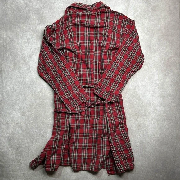 L.L.Bean Flannel Scotch Plaid Robe Vintage Mens Size L Red Cotton Lounge USA - Picture 2 of 5